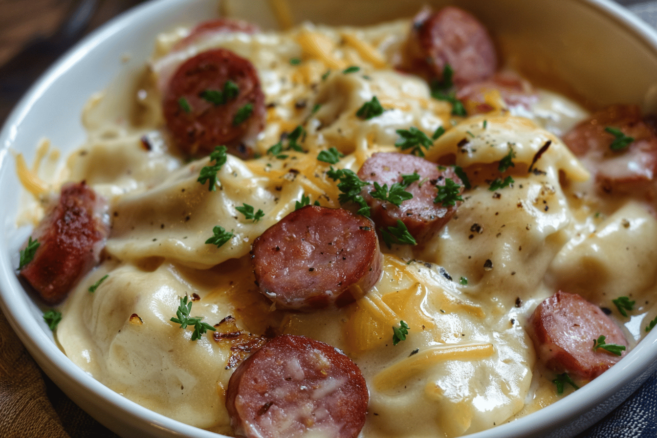 Crockpot Pierogi Casserole with Kielbasa