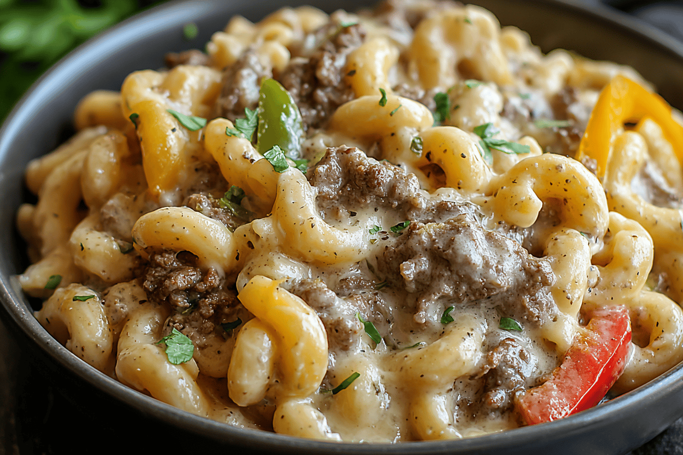 High Protein Philly Cheesesteak Mac